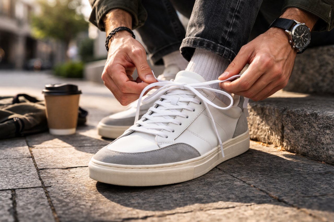 Чоловік зав'язує шнурки на кедах крупним планом