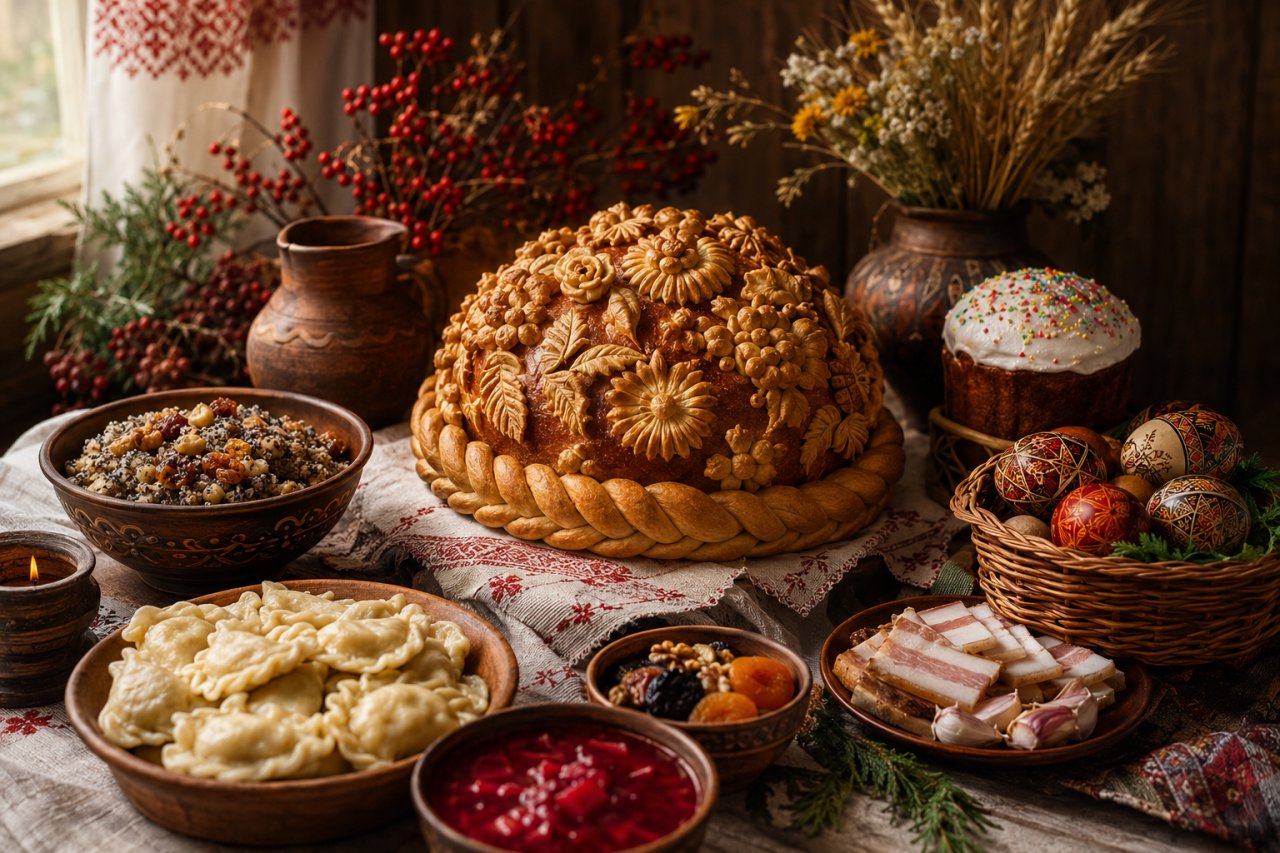 Святковий український стіл із короваєм, кутею, варениками, писанками та великодньою паскою на вишитому рушнику в атмосфері традиційного сільського інтер'єру