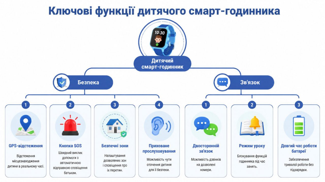 Інфографіка з описом ключових функцій дитячого смарт-годинника, розділена на категорії безпеки та зв'язку для батьків.