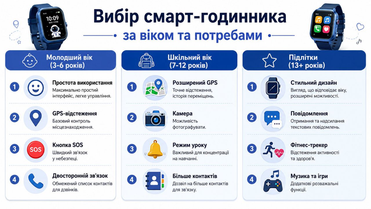 Інфографіка з порадами щодо вибору смарт-годинників для дітей різних вікових категорій: від дошкільнят до підлітків.