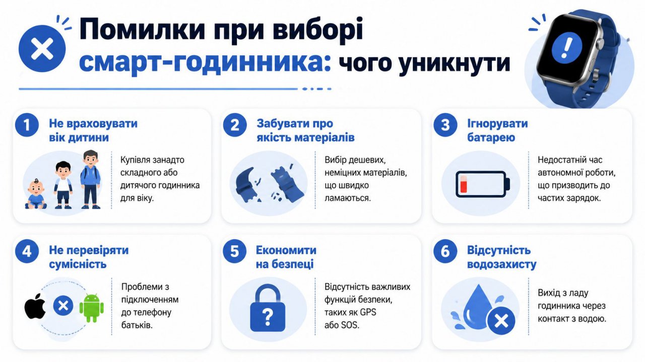 Інфографіка з порадами, яких помилок слід уникати при виборі смарт-годинника для дитини, щоб забезпечити надійну та безпечну покупку.