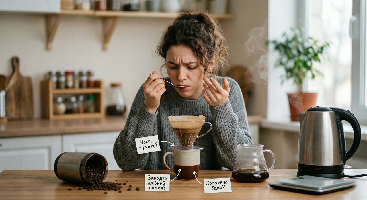 Дівчина на кухні шукає причини, чому її кава вийшла гіркою. На зображенні підказки про помел та температуру води.