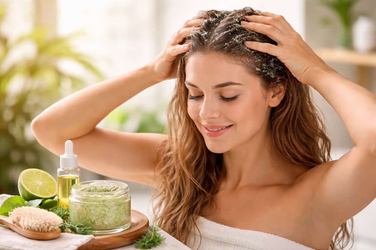 жінка наносить скраб для волосся